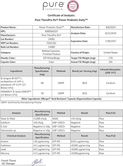 Pure Therapro Rx Power Probiotic Daily - 30 Acid-Resistant Capsules | 4 Proven Strains - 30 Billion CFU/Capsule | Patented Activ-Vial Desiccant Bottle to Ensure Freshness | NO Refrigeration Required