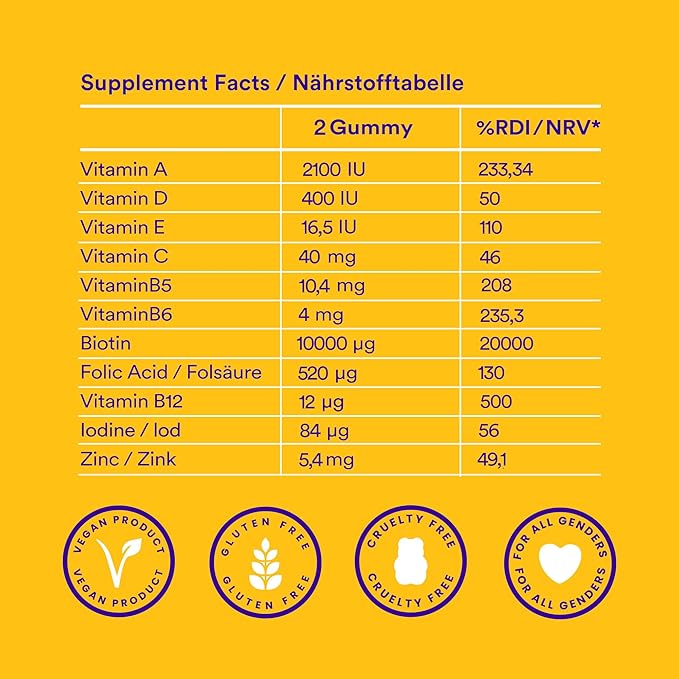 Probears® Biotin (B7) Vegan Hair Growth Gummies Vitamins - 10.000 mcg,Essential Vitamins A, B5, B6, B12, C, D2, E for Hair Loss Prevention - Gluten-Free, Gelatin-Free, Halal - 60 Count