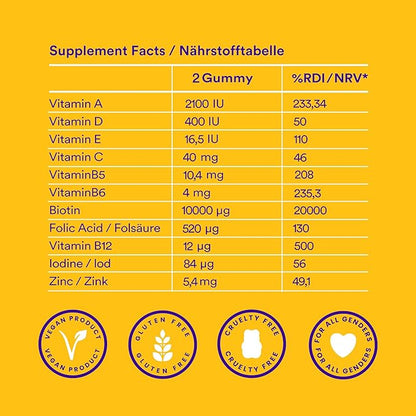 Probears® Biotin (B7) Vegan Hair Growth Gummies Vitamins - 10.000 mcg,Essential Vitamins A, B5, B6, B12, C, D2, E for Hair Loss Prevention - Gluten-Free, Gelatin-Free, Halal - 60 Count