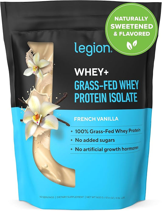 LEGION Whey+ Whey Protein Powder (French Vanilla) - Low Calorie Whey Isolate Protein Powder - Non-GMO, Lactose-Free, Sugar-Free Whey Protein Isolate Powder - Grass Fed Protein (60 Servings)