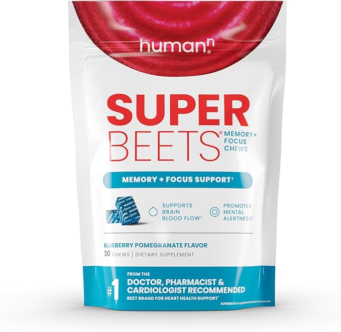 humanN SuperBeets Brain Supplements for Memory and Focus Chews, Mental Alertness, Clinically Studied Nootropics, Resveratrol Supplement Plus Beet Root Powder, Blueberry Pomegranate Flavor, 30 Count