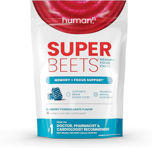 humanN SuperBeets Brain Supplements for Memory and Focus Chews, Mental Alertness, Clinically Studied Nootropics, Resveratrol Supplement Plus Beet Root Powder, Blueberry Pomegranate Flavor, 30 Count