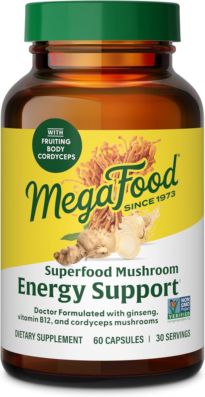 MegaFood Superfood Mushroom Energy Support - Cordyceps Mushroom Supplement with Methylated B12 Vitamins & Panax Ginseng - Doctor Formulated, Gluten-Free, Vegan - 60 Capsules, 30 Servings