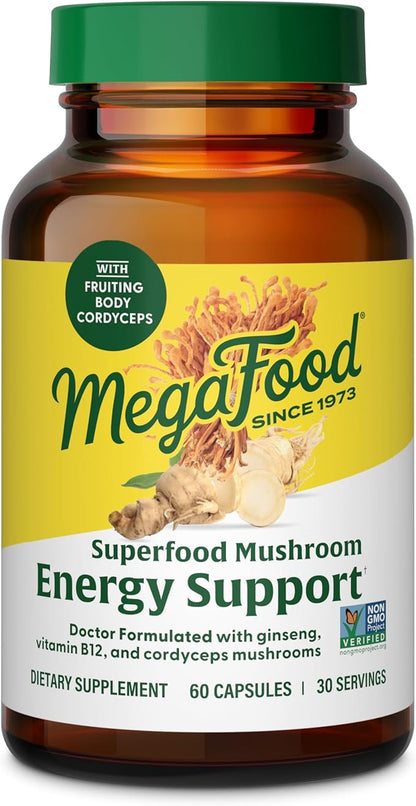 MegaFood Superfood Mushroom Energy Support - Cordyceps Mushroom Supplement with Methylated B12 Vitamins & Panax Ginseng - Doctor Formulated, Gluten-Free, Vegan - 60 Capsules, 30 Servings