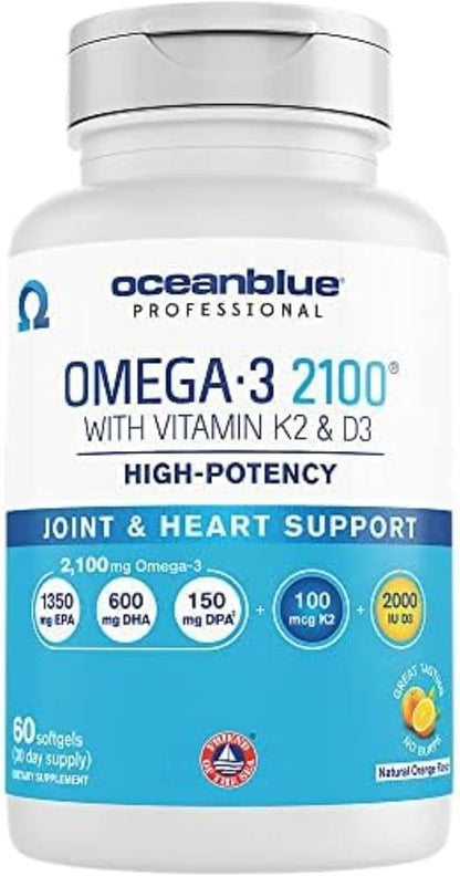Oceanblue Professional Omega-3 2100 with Vitamin K2 and Vitamin D3-60 Count - Triple Strength Burpless Fish Oil Omega-3 Supplement with EPA, DHA & DPA - Wild Caught - Orange Flavor, 30 Servings