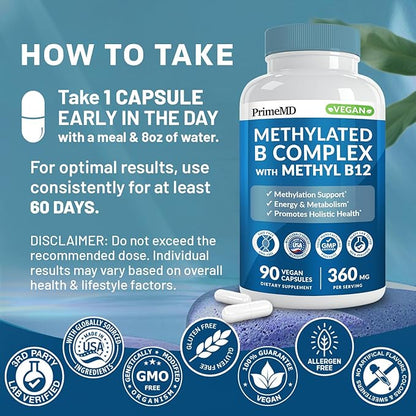 Methylated B Complex with B12 Methylcobalamin & Methyl Folate 1000 mcg - Premium Vitamin B Complex for Energy, Brain Function, and Wellness - Methylated Multivitamin (90 Servings, Pack of 1)