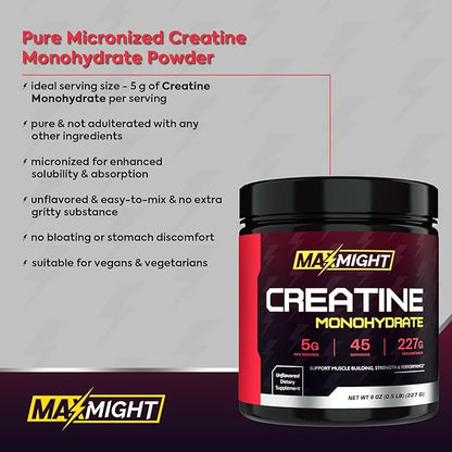 Creatine Monohydrate Powder, Micronized, 5g Per Serving, Unflavored & Highly Soluble, No Filler, Build Muscle & Enhance Performance for Men & Women, 45 Servings