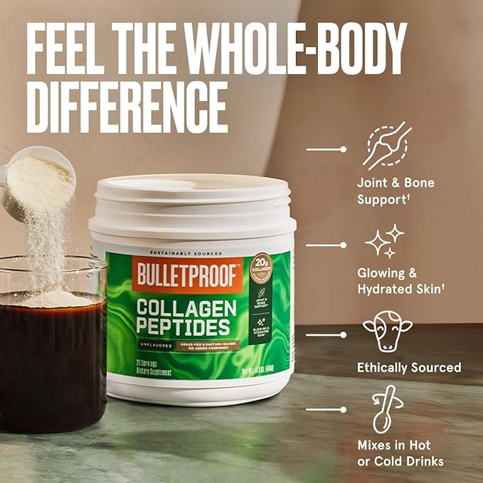 Bulletproof Unflavored Collagen Peptides Powder with MCT Oil, 14.3 Ounces, Grass-Fed Collagen Protein for Skin, Bone and Joint Support, Pasture Raised, No Added Hormones