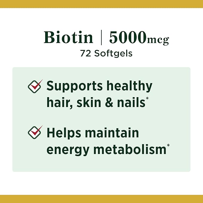 Nature’s Bounty Biotin Supplement, Supports Healthy Hair, Skin & Nails, 5000mcg, 72 Rapid Release Softgels