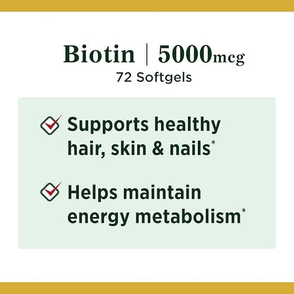 Nature’s Bounty Biotin Supplement, Supports Healthy Hair, Skin & Nails, 5000mcg, 72 Rapid Release Softgels