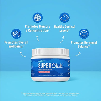 Nello Supercalm Drink Mix - Ashwagandha KSM 66, Magnesium Glycinate, L-Theanine, Vitamin D3 - Ashwagandha Root Extract, Magnesium & L-Theanine Supplement - (30 Servings) - 3 Pack