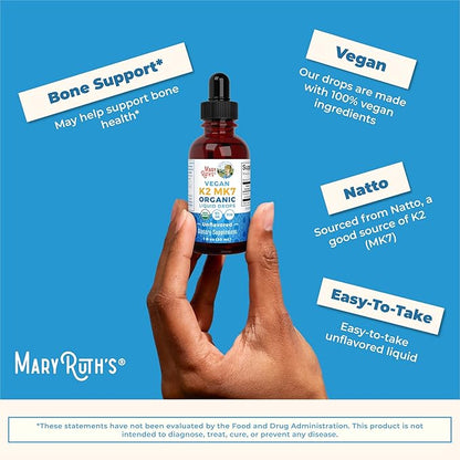 MaryRuth Organics USDA Organic Vitamin K2 MCT Liquid Drops for Adults & Kids | 100 mcg K2 MK7 per serving + Organic MCT Oil | Vegan K2 Vitamin for Bone Health | Heart Health | Calcium Absorption | 1oz