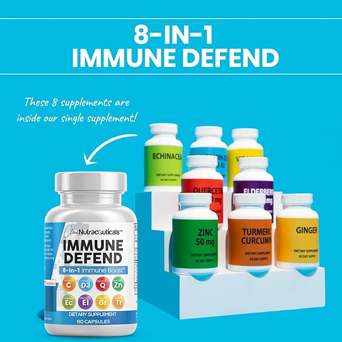 Immune Defense Support Supplement 8 in 1 w/ Zinc 50mg Quercetin, Vit C 1000mg, Vitamin D3 5000 IU, Elderberry, Turmeric Curcumin, Ginger, Echinacea - Immunity System Booster Adults Vegan - 60Ct