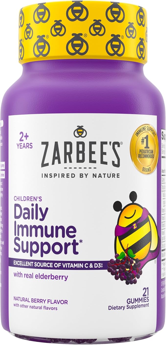 Zarbee's Elderberry Gummies for Kids with Vitamin C; Zinc & Elderberry; Daily Childrens Immune Support Vitamins Gummy for Children Ages 2 and Up; Natural Berry Flavor; 21 Count