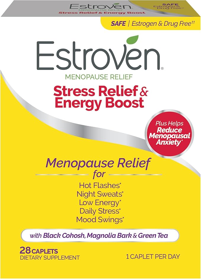 Estroven Stress Relief & Energy Boost for Menopause Relief - 28 Ct. - Clinically Proven Ingredients Provide Stress & Energy Support + Night Sweats & Hot Flash Relief - Drug-Free and Gluten-Free