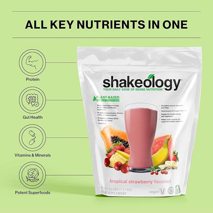 Shakeology Vegan Protein Powder - Gluten Free, Superfood Protein Shake - Helps Support Healthy Weight Loss, Lean Muscle Support, Manage Effects of Stress, Tropical Strawberry - 30 Serving Bag
