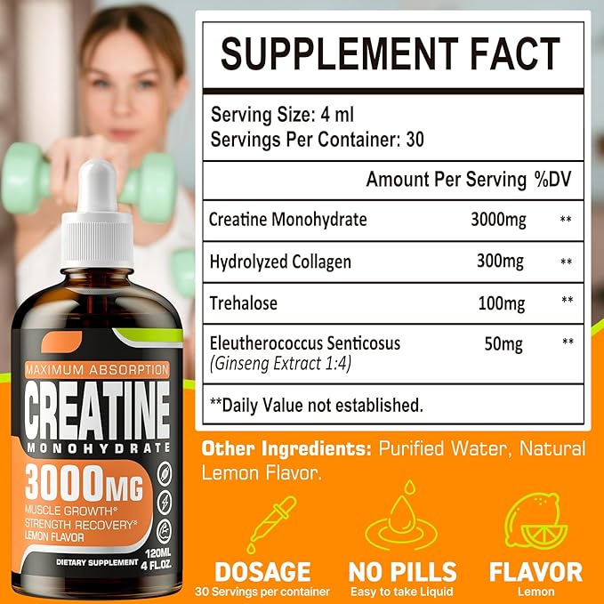 Creatine Monohydrate 3000mg, Liquid Creatine for Muscle Mass, Strength, Glute, Booty & Endurance - Creatine for Women and Men with Hydrolyzed Collagen & Trehalose - 120ml Creatine HCl (Lemon Flavor)