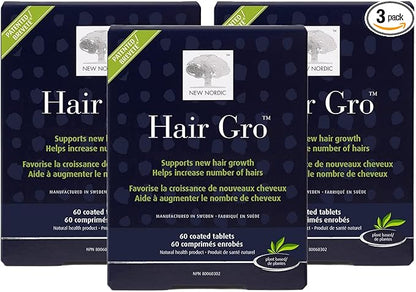 NEW NORDIC Hair GRO, Hair Growth Supplement, Biotin & Palm Fruit Extract Tocotrienols for Natural Regrowth, for Men and Women, 60 Count (Pack of 3)