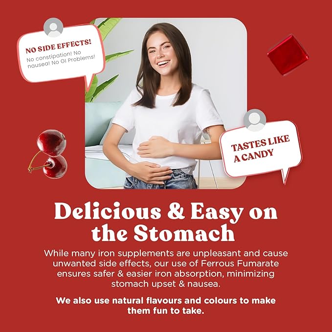 Chewable Iron Supplement for Women & Men - Cherry Flavor, Iron Vitamin C Soft Chew for Max Absorption, Iron as Ferrous Fumarate, Ideal for Anemia and Iron Deficiency, 2 Month Supply