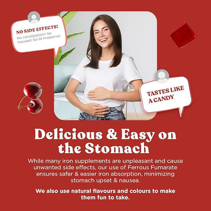 Chewable Iron Supplement for Women & Men - Cherry Flavor, Iron Vitamin C Soft Chew for Max Absorption, Iron as Ferrous Fumarate, Ideal for Anemia and Iron Deficiency, 2 Month Supply