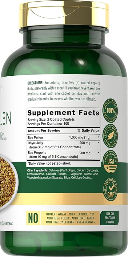 Carlyle Bee Pollen Supplement | 1000mg | 200 Caplets | with Royal Jelly and Bee Propolis | for Men and Women | Vegetarian, Non-GMO, Gluten Free