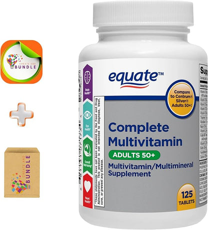 Equate Adult 50+ One Daily Complete Multivitamin/Multimineral Supplement, 125 Tablets, Comprehensive Multivitamin for Adults Over 50 + Createandbundle Sticker