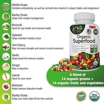 Organic Superfood Greens Fruits and Veggies Complex - Best Dietary Supplement with 14 Greens &14 Fruits & Vegetables with Alfalfa Rich in Antioxidants Organic Ingredients Non-GMO (120 Count Pack of 2)