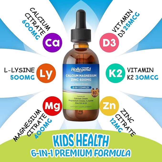 Liquid Calcium Citrate Drops with L-Lysine 500mg, Magnesium & Zinc, Calcium Citrate 600mg Supplement with Vitamin D3 & K2 for Kids & Adults, Muscle & Bone Support, Immune, Brain & Lip Health, 2 Fl Oz