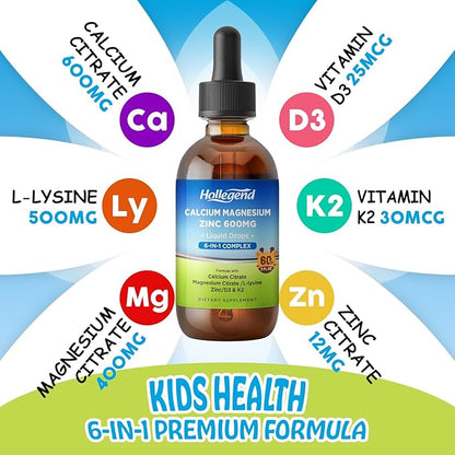 Liquid Calcium Citrate Drops with L-Lysine 500mg, Magnesium & Zinc, Calcium Citrate 600mg Supplement with Vitamin D3 & K2 for Kids & Adults, Muscle & Bone Support, Immune, Brain & Lip Health, 2 Fl Oz