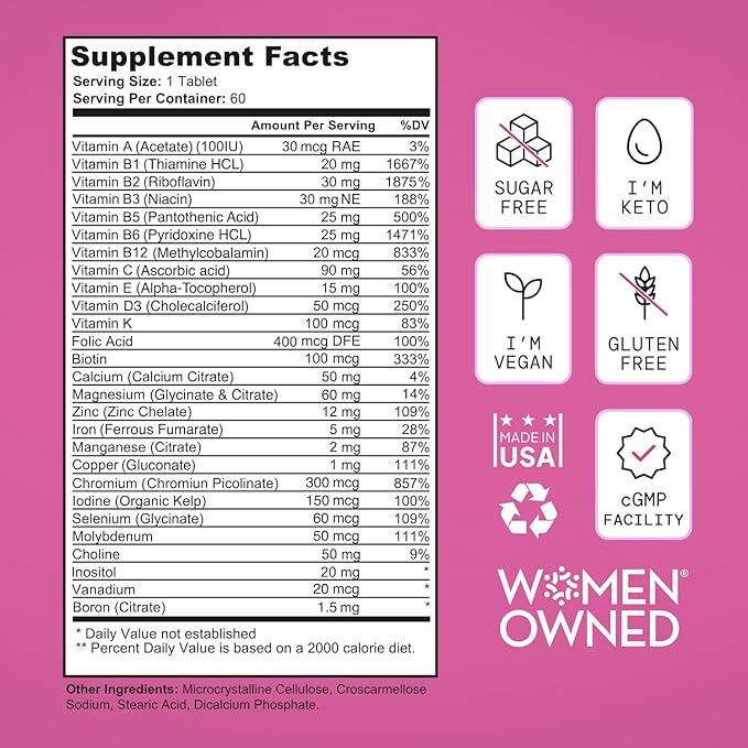 Vegan Multivitamins for Women -Expert Designed 28 Nutrients – Boost Energy, Sleep, Skin & Reduce Cravings - Womens Multivitamin, Keto, Vegan,Gluten Free, Keto- USA, 2-Month Supply