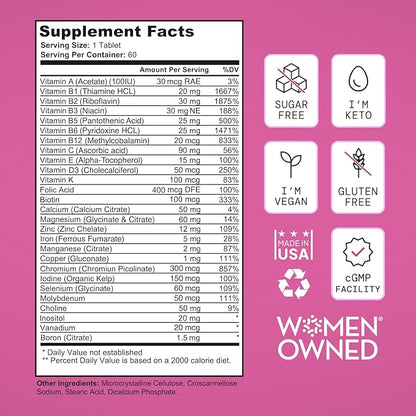 Vegan Multivitamins for Women -Expert Designed 28 Nutrients – Boost Energy, Sleep, Skin & Reduce Cravings - Womens Multivitamin, Keto, Vegan,Gluten Free, Keto- USA, 2-Month Supply