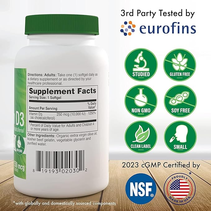 Health Thru Nutrition Vitamin D3 10,000iu 360 Mini Softgels for Maximum Benefit Year Supply | 250mcg Cholecalciferol | 3rd Party Tested | Non-GMO USP Grade in Organic EVOO | Immune Health Support