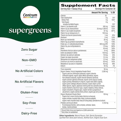 Centrum Supergreens - Superfood Powder & Multivitamin for Adults – Greens Powder with Spirulina, Mushroom, Prebiotics & Enzyme Blend – 30-Day Supply
