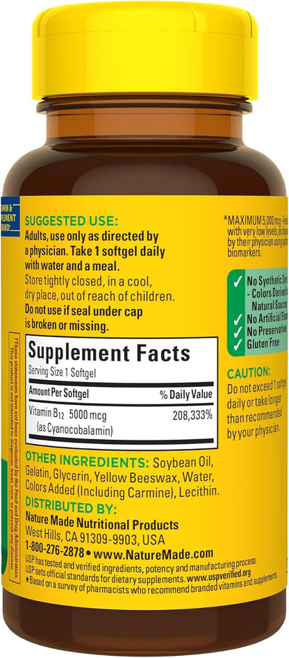 Nature Made Maximum Strength Vitamin B12 5000 mcg, Dietary Supplement for Energy Metabolism Support, 60 Softgels, 60 Day Supply