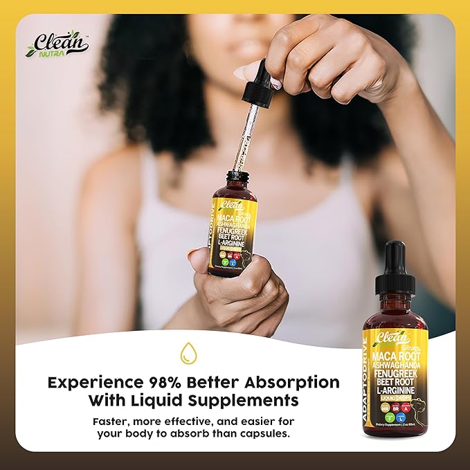 Organic Maca Root Liquid Drops with Ashwagandha, Fenugreek, Beet Root and L-Arginine Liquid Multivitamin for Women and Men - Adapto Drive by Clean Nutra