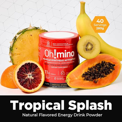 Oh!mino Amino Acid Energy Blend - Pre-Post Workout Powder, BCAA Amino Acids, Workout Recovery Drink, Muscle Synthesis Activator, Caffeinated Tropical Splash, 280 g, 40 Servings