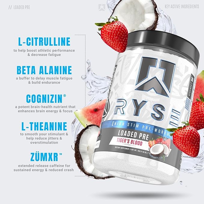 Ryse Loaded Pre Workout Powder Supplement for Men & Women | Pumps, Energy, Focus | Beta Alanine + Citrulline | 390mg Caffeine | 30 Servings (Tiger's Blood)