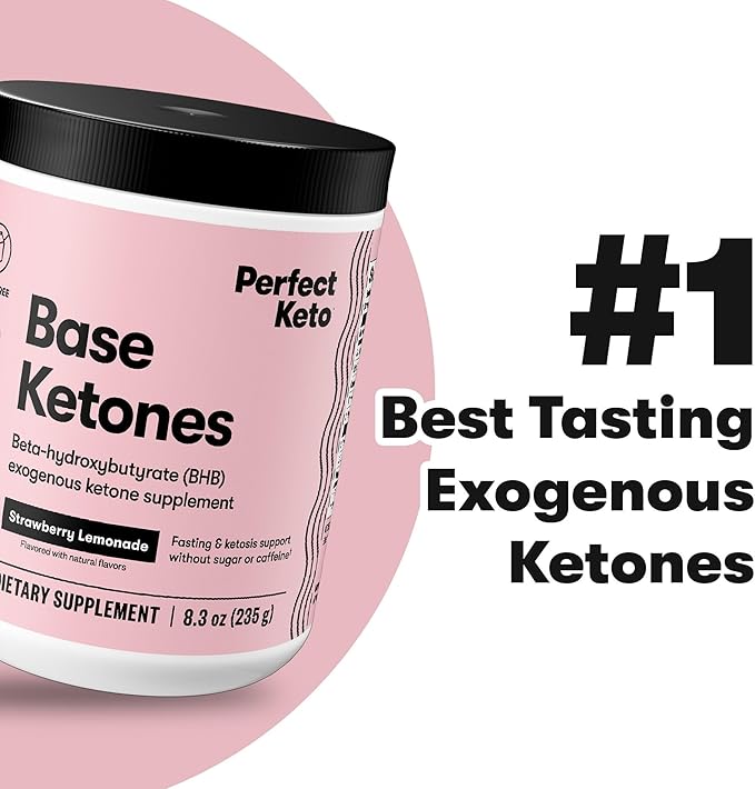 Perfect Keto Exogenous Ketones Powder, BHB Salts Supplement for Ketosis & Fasting, Electrolytes for Hydration, Caffeine Free Energy, Keto Diet, Focus & Workout Support, Strawberry Lemonade, 8.57 oz