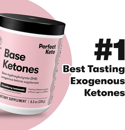 Perfect Keto Exogenous Ketones Powder, BHB Salts Supplement for Ketosis & Fasting, Electrolytes for Hydration, Caffeine Free Energy, Keto Diet, Focus & Workout Support, Strawberry Lemonade, 8.57 oz
