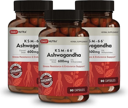 KSM-66 Ashwagandha 600mg Organic Root Extract - High Potency Supplement with 5% Withanolides | Supports Relaxation, Focus, & Energy (270 Capsules)