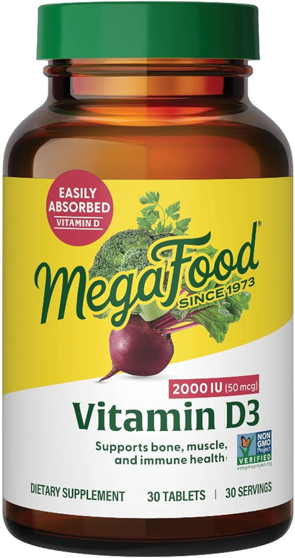MegaFood Vitamin D3 2000 IU (50 mcg) - Vitamin D Supplements with Real Food, Immune Support, Supports Bones, Teeth & Muscles, Vegetarian, Certified Non-GMO, Kosher – 30 Tablets, 30 Servings