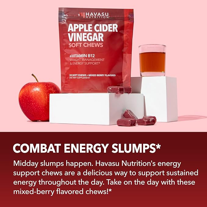 Apple Cider Vinegar Chews - Apple Cider Vinegar Supplements for Energy Management - Enhanced with Vitamin B12 and Folate - ACV Chews - 1 Month Supply Individually-Wrapped Chews