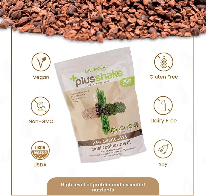 Greens+ PlusShake Raw Chocolate Grass Fed Whey Protein Powder - Meal Replacement | Non-GMO | Gluten & Soy Free | Dietary Supplement Superfood + Multi-Vitamins | 27g Protein | 1.5 lb Bag