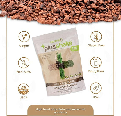 Greens+ PlusShake Raw Chocolate Grass Fed Whey Protein Powder - Meal Replacement | Non-GMO | Gluten & Soy Free | Dietary Supplement Superfood + Multi-Vitamins | 27g Protein | 1.5 lb Bag