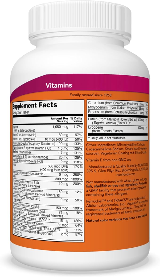 NOW Foods Supplements, Daily Vits™, One Tablet Daily with Lutein & Lycopene, 250 Tablets