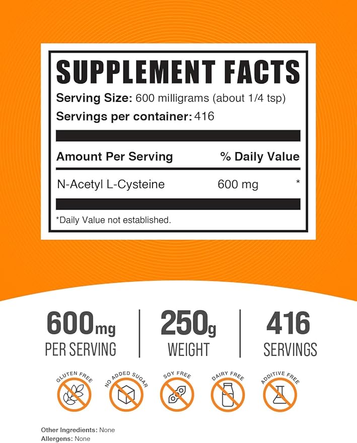 BulkSupplements.com NAC Powder - N-Acetyl Cysteine 600mg, NAC Supplement - Antioxidant Support, Gluten Free - 600mg per Serving, 416 Servings, 250g (8.8 oz) (Pack of 1)