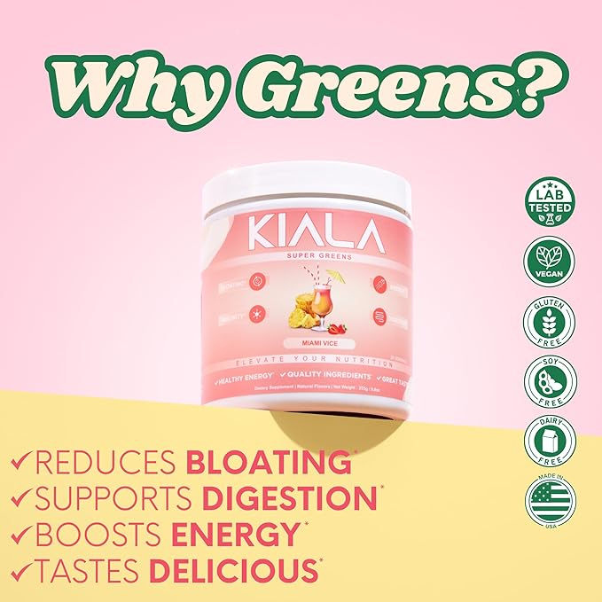 Kiala Nutrition Super Greens, Organic Greens Powder with Spirulina & Chlorella for Digestion, Gut Health, Immunity & Energy, Gluten Free, Vegan, Daily Support for Women, Miami Vice Flavor, 30 Servings