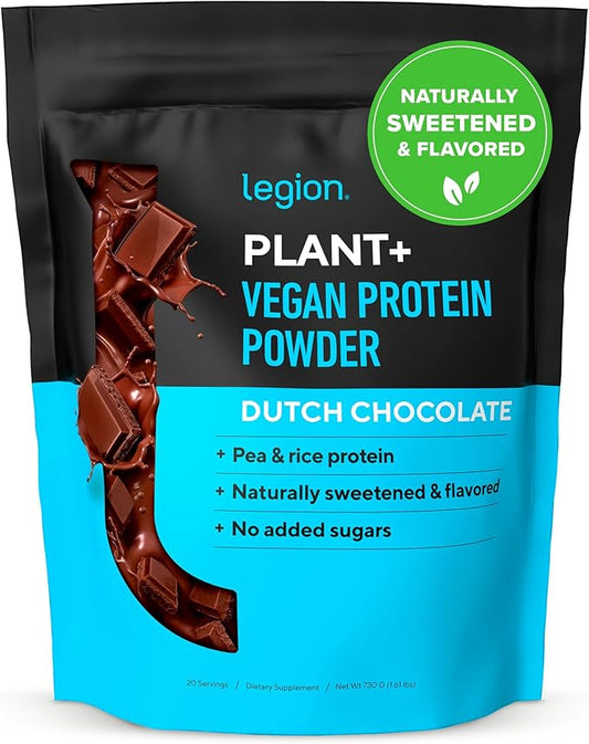 LEGION Plant+ Vegan Protein Powder, Chocolate - Rice and Pea, Plant Based Protein Blend. Gluten Free, GMO Free, Naturally Sweetened and Flavored, 20 Servings, (Chocolate)