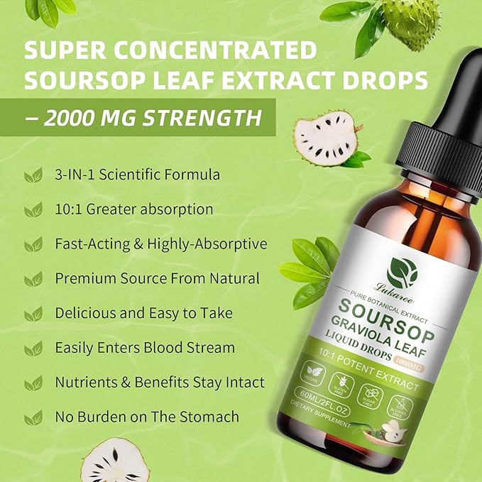 Nature Soursop Bitters Liquid, 2000mg Soursop Oil for Cell Support & Regeneration, Antioxidant, Immune Boost, Digestive, Sugar-Free, Gluten-Free, Soursop Multivitamin Drops 1 Month Supply 2 FL OZ