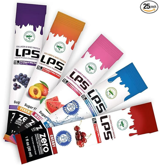 Nutritional Designs LPS Liquid Collagen & Whey Protein Supplement - Non-GMO Drink, Sugar-Free - Promotes Healthy Skin & Hair for Men & Women, Single Serve (Variety Box, 30)